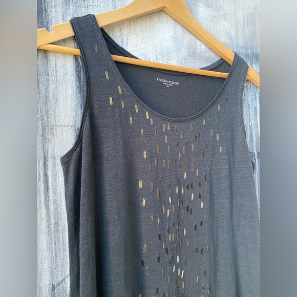 NWOT EILEEN FISHER 100% Linen Cascading Sequined Scooped Neck Tank Charcoal XS-S - Picture 3 of 8
